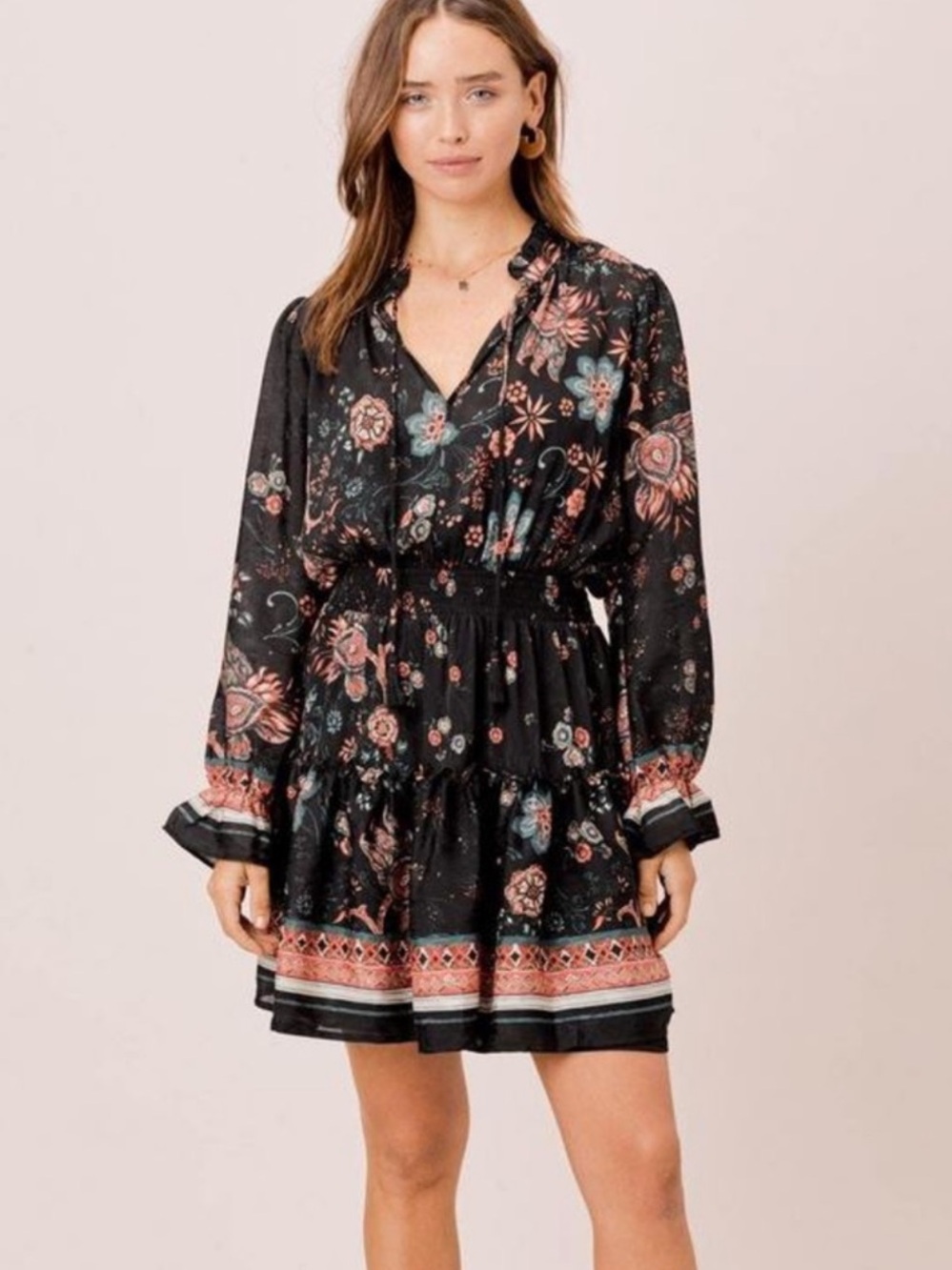 lovestitch Black Floral Tiered Long-Sleeve Mini Dress